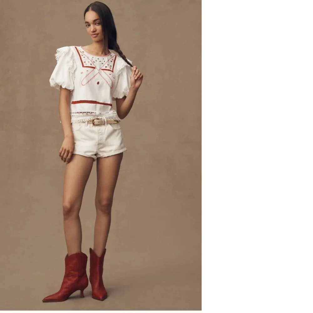 By Anthropologie Puff-Sleeve Cutwork Top blouse ivory color size S new nWT
